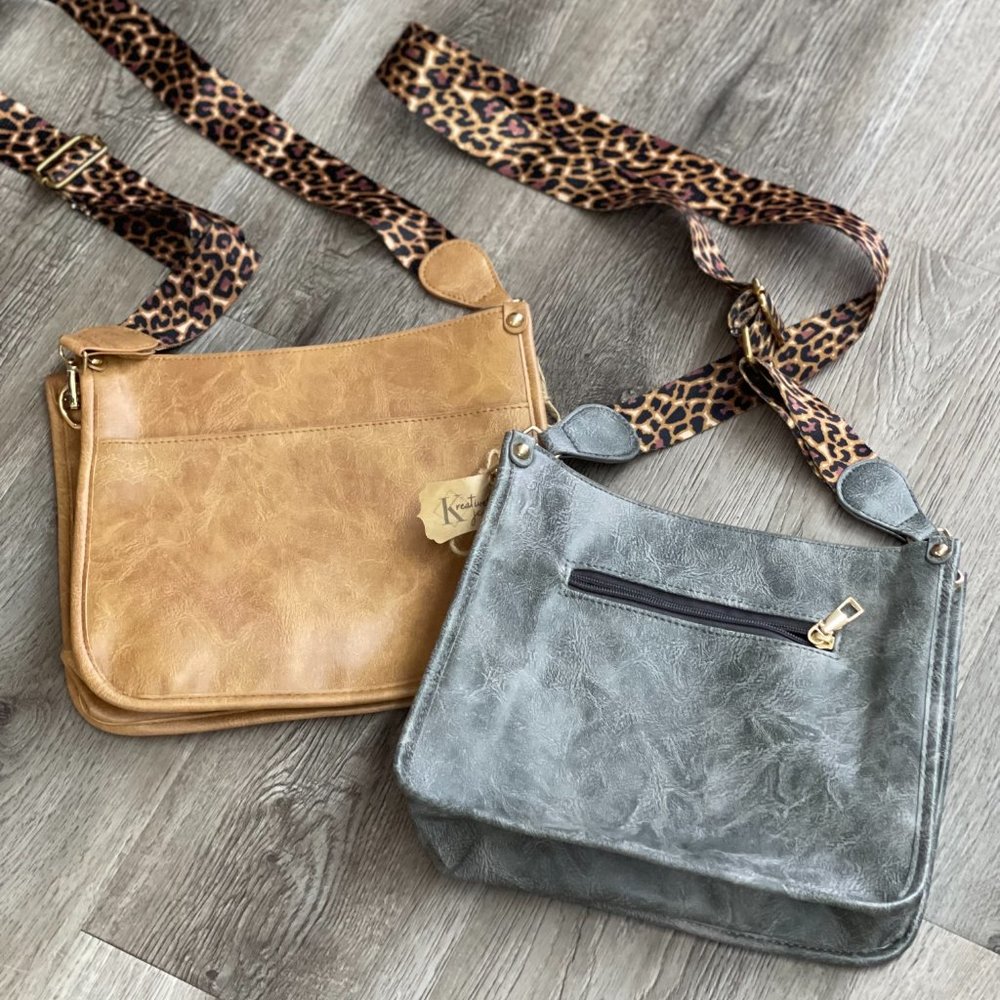 Tan Faux leather crossbody purse with cheetah guitar straps